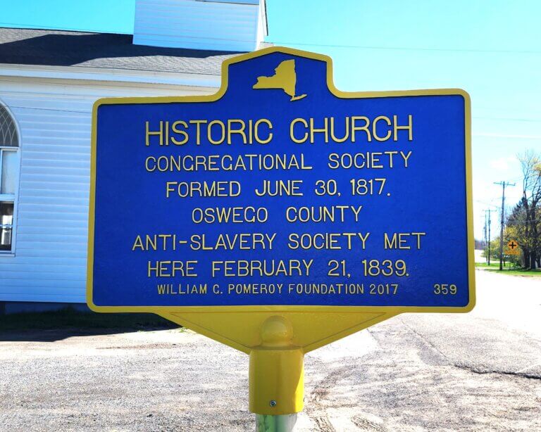 NYS historical marker for Presbyterian Church, New Haven, New York.