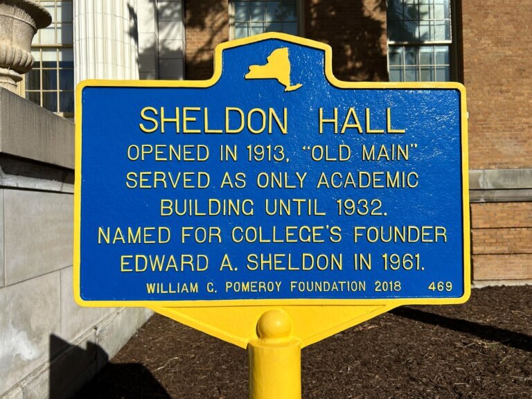 New York State historical marker for Sheldon Hall, Oswego, NY.