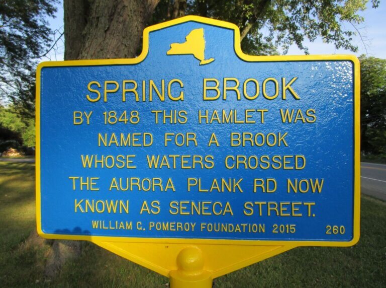Historical marker for Spring Brook.