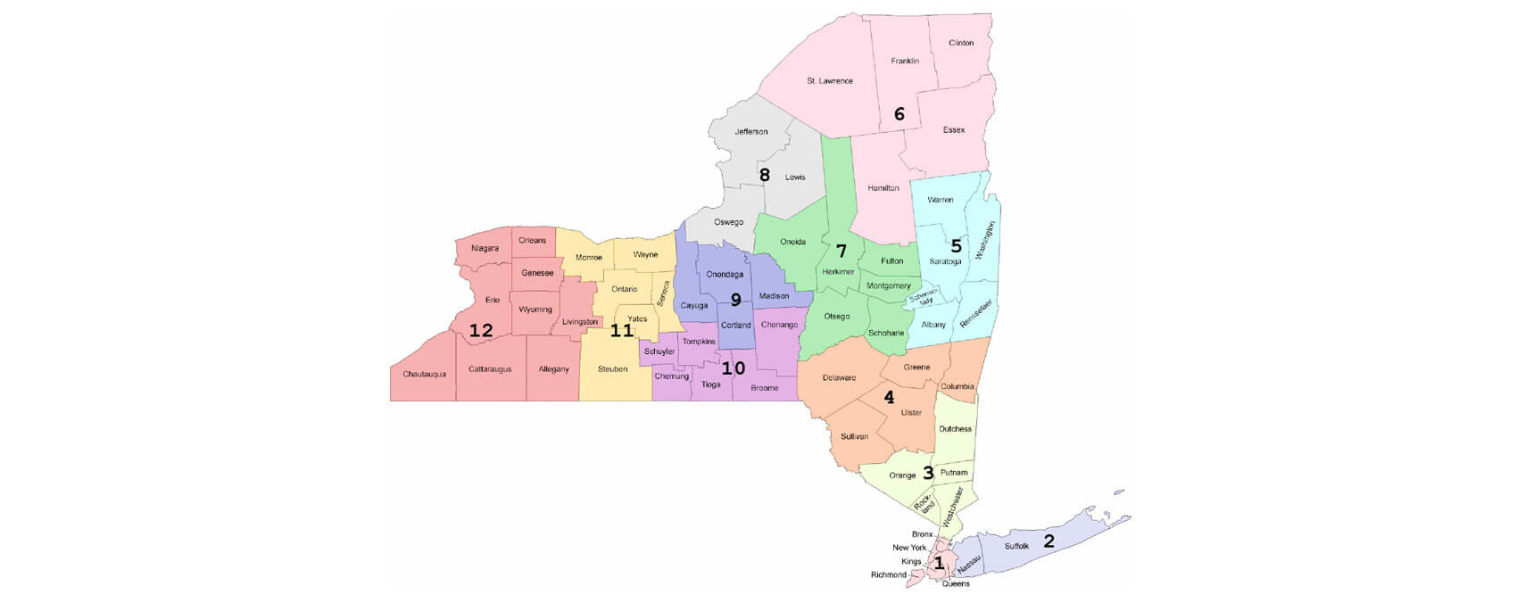 A map of New York State showing the regions for Grant schedules