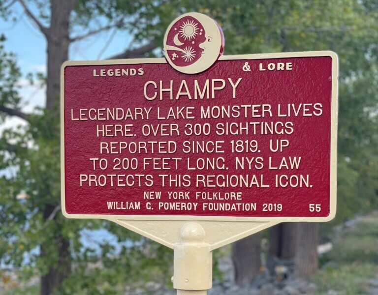 Champy Legends & Lore historical marker. Marker funded by the William G. Pomeroy Foundation.