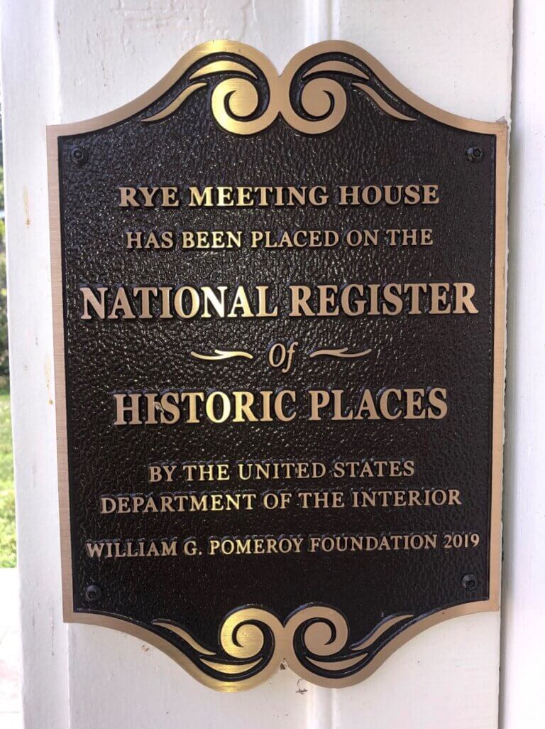 National Register plaque for the Rye Meeting House, New York.