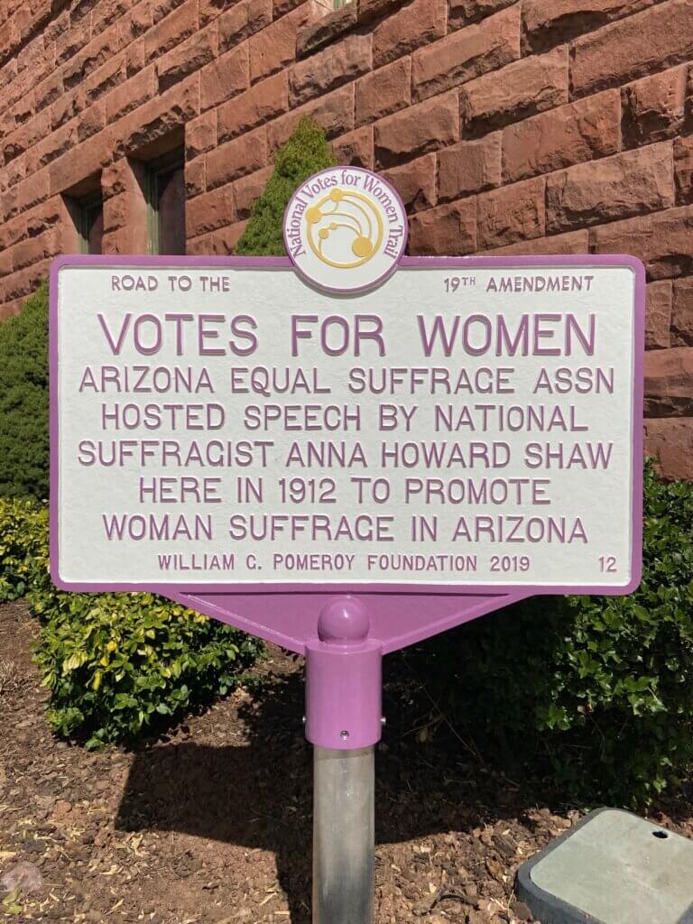 National Votes for Women Trail marker for suffrage leader Anna Howard Shaw, Flagstaff, Arizona. Marker funded by the William G. Pomeroy Foundation.