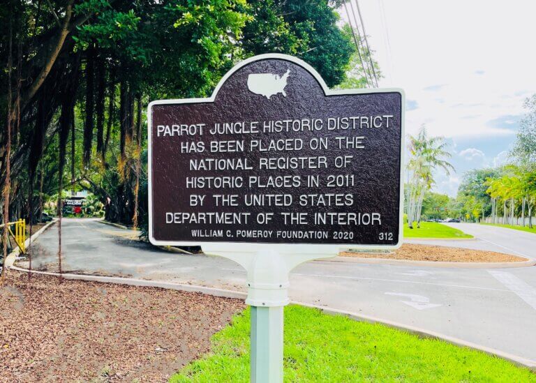 National Register marker for the Parrot Jungle Historic District.