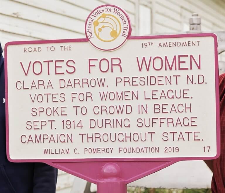 National Votes for Women Trail marker for Clara Darrow, Beach, North Dakota.