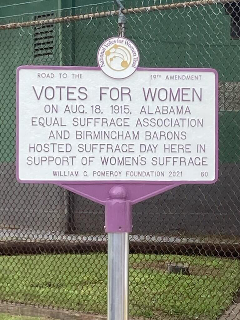 National Votes for Women Trail marker for the 1915 Suffrage Day in Alabama.