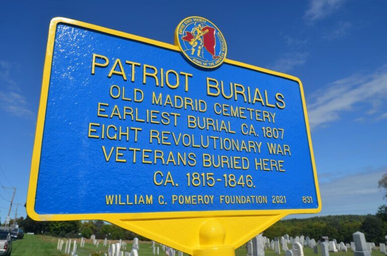 Patriot Burials historical marker at the Old Madrid Cemetery.