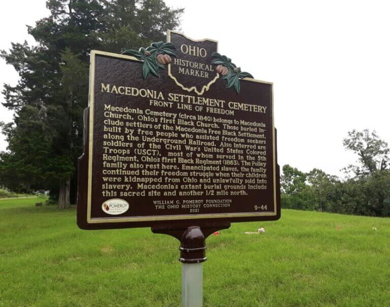 Ohio historical marker for Macedonia Settlement Cemetery.