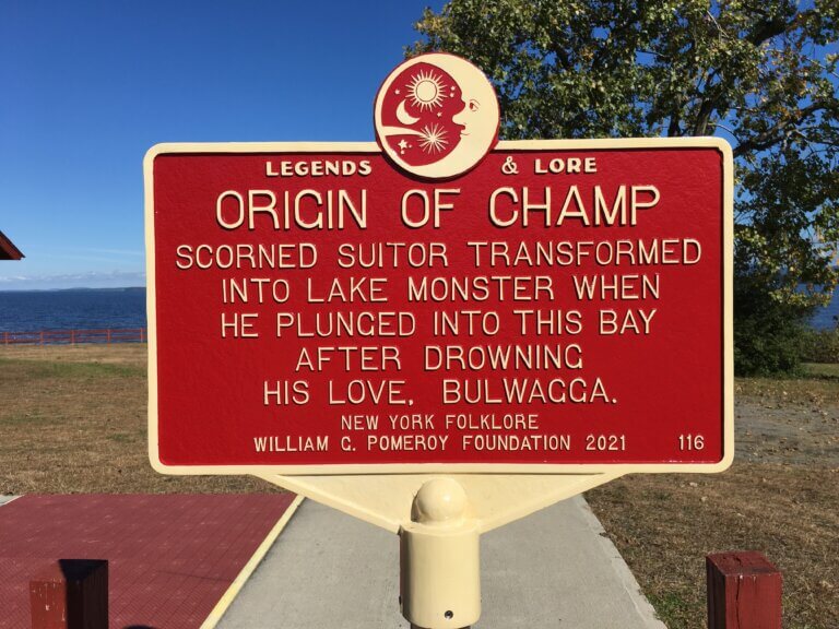 Legends & Lore marker for the Origin of Champ, Moriah, New York.