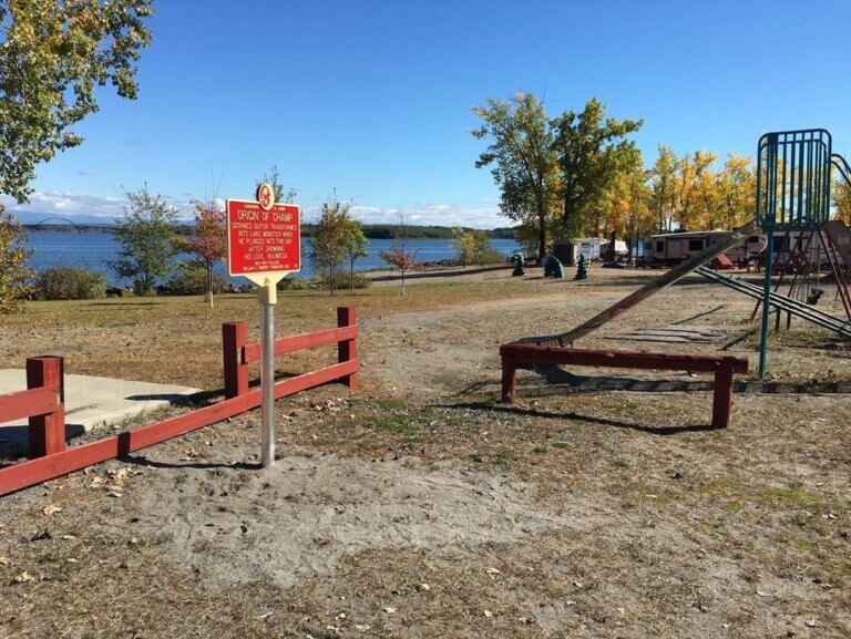 Legends & Lore marker for the Origin of Champ story, Moriah, New York.