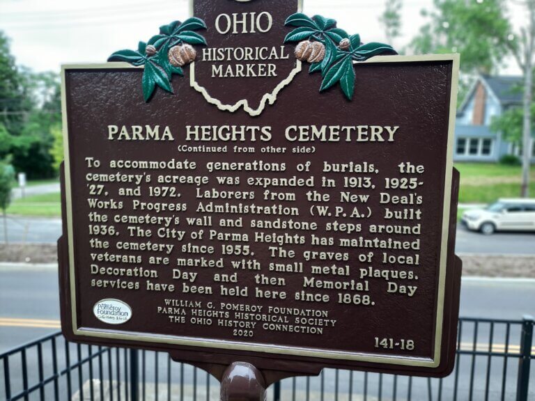 Ohio state historical marker for Parma Heights Cemetery.