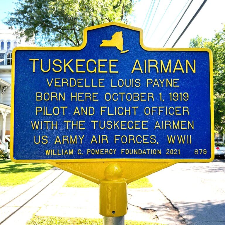 Historical marker for Tuskegee Airman Verdelle Louis Payne, Ithaca, New York. Marker funded by the William G. Pomeroy Foundation.