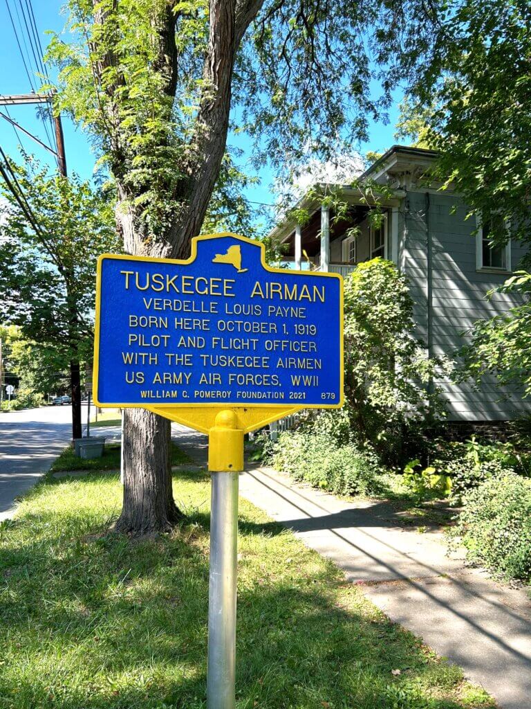 Historical marker for Tuskegee Airman Verdelle Louis Payne, Ithaca, New York. Marker funded by the William G. Pomeroy Foundation.