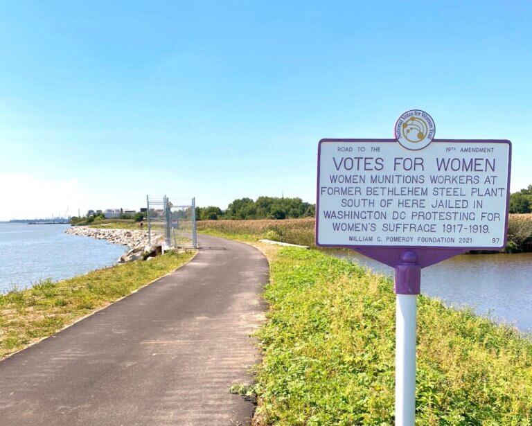 National Votes for Women Trail marker for the workers of the Bethlehem Steel plant, New Castle, Delaware. Marker funded by the William G. Pomeroy Foundation.