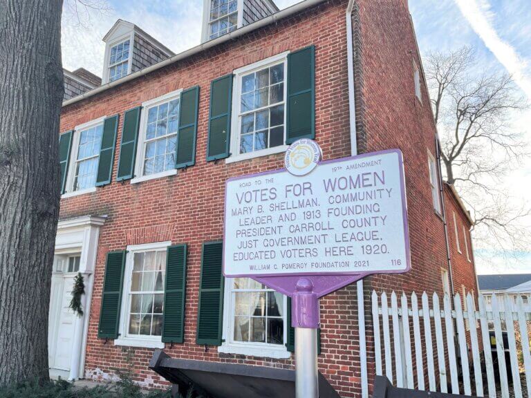 National Votes for Women Trail marker for Mary Shellman in Westminster, Maryland.