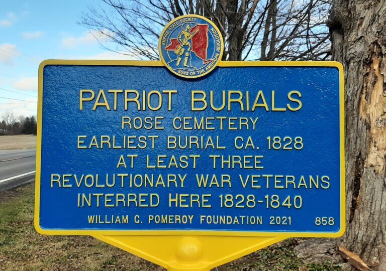 Patriot Burials historical marker at Rose Cemetery, Rose, New York.