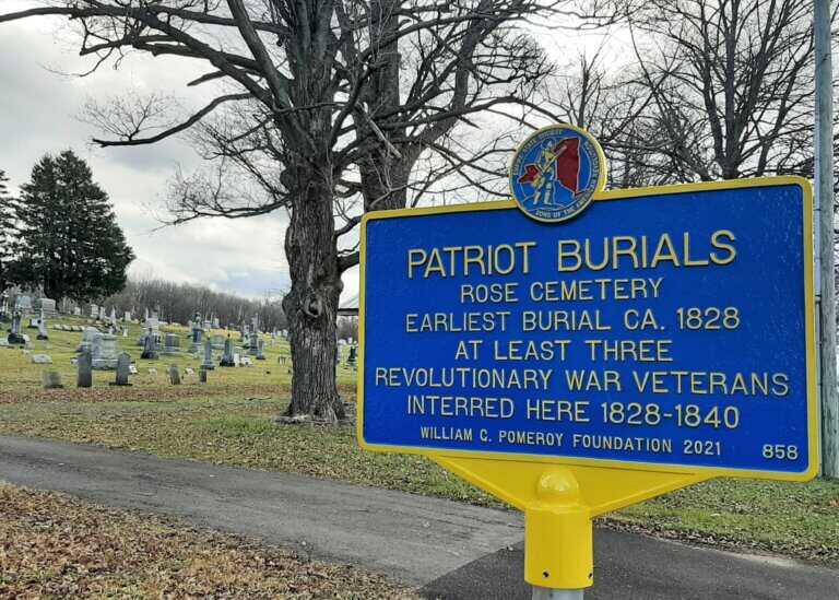 Patriot Burials historical marker at Rose Cemetery, Rose, New York.