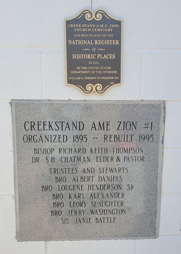National Register plaque for Creek Stand A.M.E. Zion Church Cemetery.