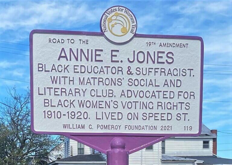 National Votes for Women Trail marker for Annie E. Jones, Elizabeth City, North Carolina. Marker funded by the William G. Pomeroy Foundation.