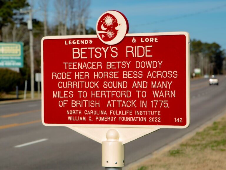 Legends & Lore marker for the legend of Betsy's Ride, Barco, North Carolina. Marker funded by the William G. Pomeroy Foundation.
