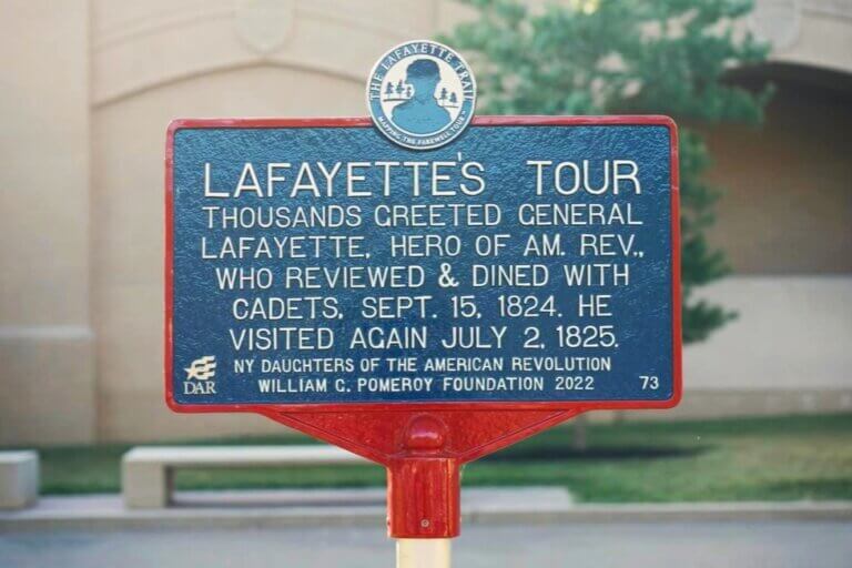 Lafayette Trail historical marker at West Point. Marker funded by the William G. Pomeroy Foundation.