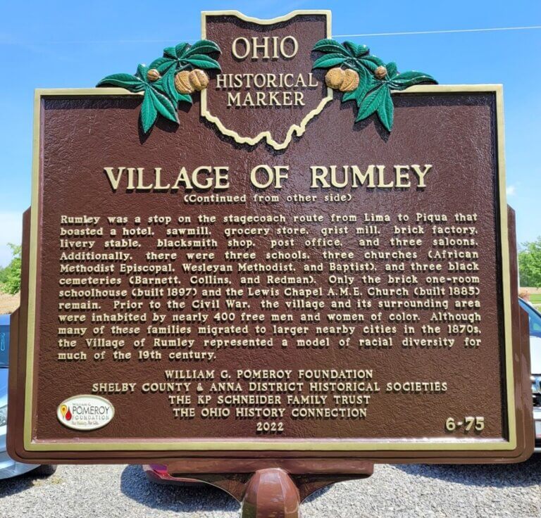 Close up picture of the Ohio historical marker for the Village of Rumley.
