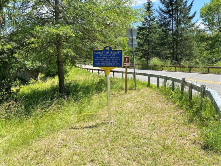 Historical marker for the hamlet of Boquet.
