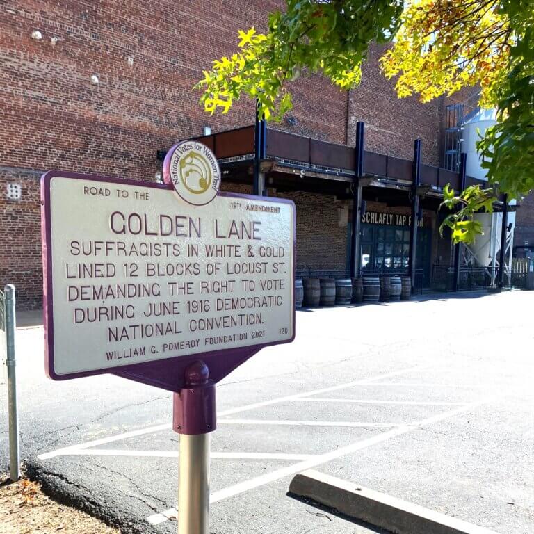 National Votes for Women Trail marker for Golden Lane, St. Louis, Missouri.