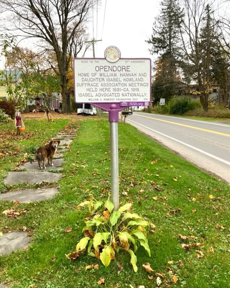 National Votes for Women Trail marker commemorating Opendore, Aurora, New York.