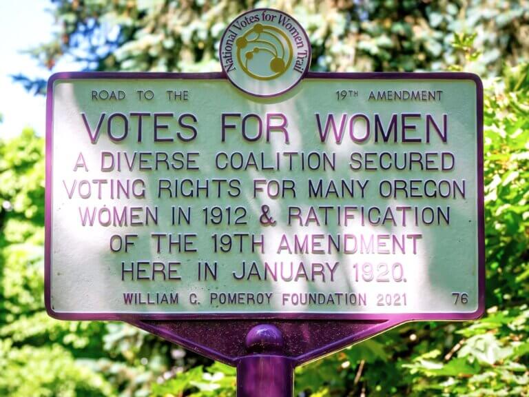National Votes for Women Trail historical marker funded by the William G. Pomeroy Foundation, Oregon State Capitol grounds, Salem, Oregon.
