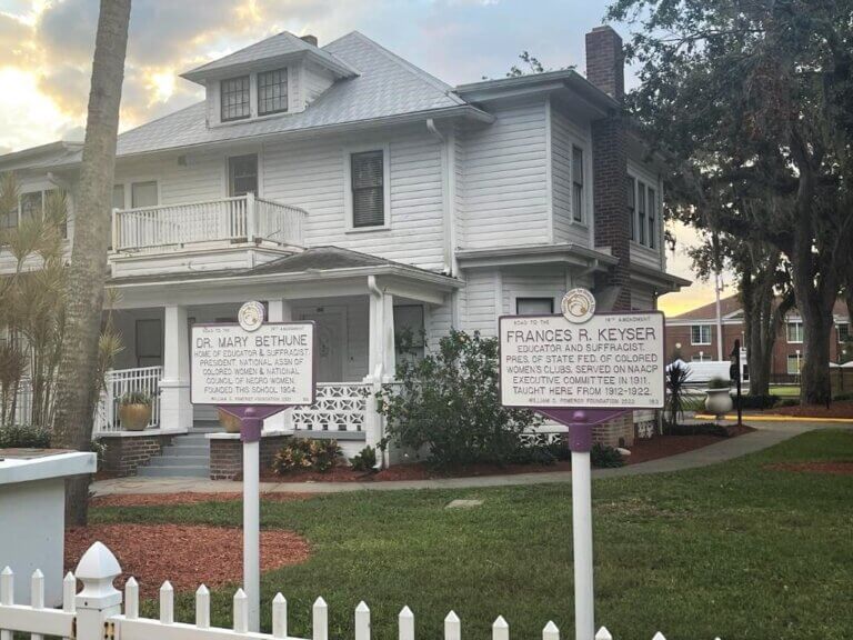Two National Votes for Women Trail markers for Dr. Mary Bethune and Frances R. Keyser, Daytona Beach, Florida. Marker funded by the William G. Pomeroy Foundation.