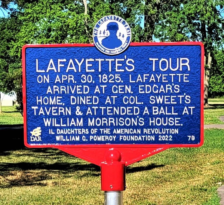 Lafayette Trail marker in Kaskaskia, Illinois. Marker funded by the William G. Pomeroy Foundation.