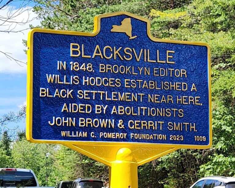 Historical marker funded by the William G. Pomeroy Foundation that commemorates the Blacksville settlement site, Loon Lake, N.Y.