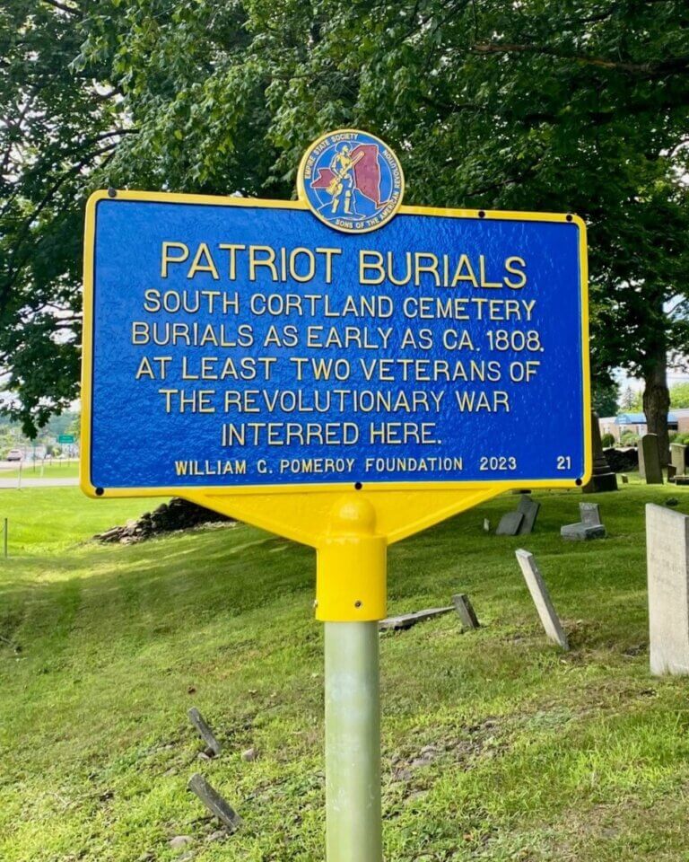 Patriot Burials historical marker funded by the William G. Pomeroy Foundation at South Cortland Cemetery, Cortlandville, New York.