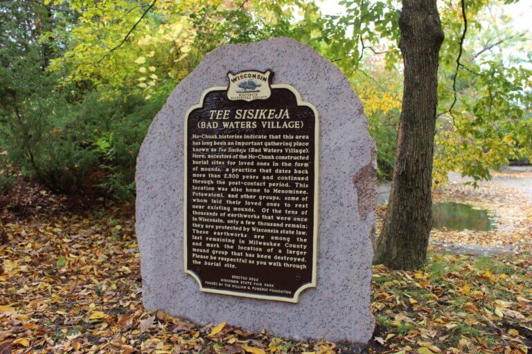 Tee Sisikeja (Bad Waters Village), Wisconsin state historical marker funded by the William G. Pomeroy Foundation.