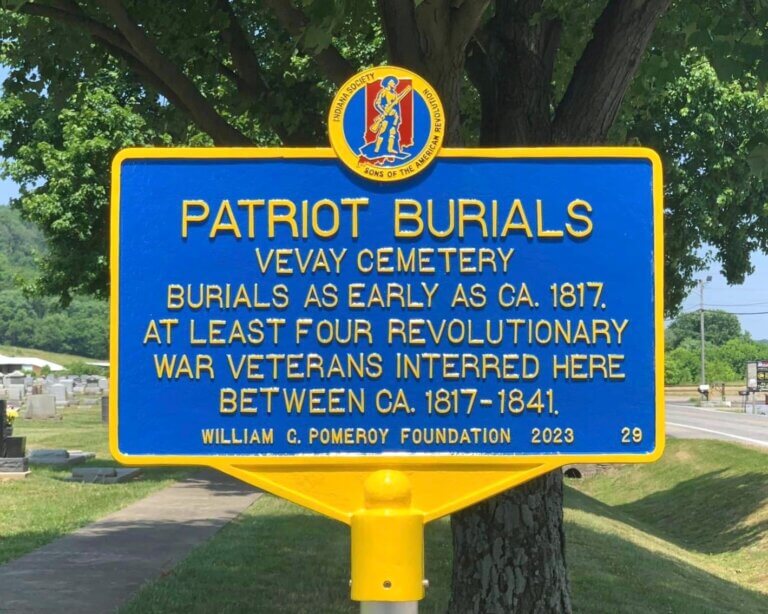 Patriot Burials historical marker for Vevay Cemetery, Vevay, Indiana. Marker funded by the William G. Pomeroy Foundation.