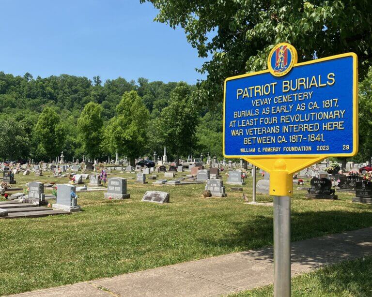 Patriot Burials historical marker for Vevay Cemetery, Vevay, Indiana. Marker funded by the William G. Pomeroy Foundation.