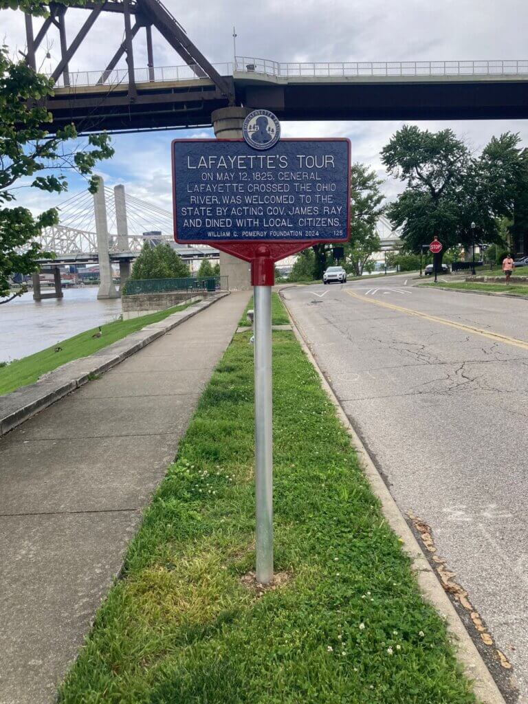 The Lafayette Trail historical marker, Jeffersonville, IN. Marker funded by the William G. Pomeroy Foundation.