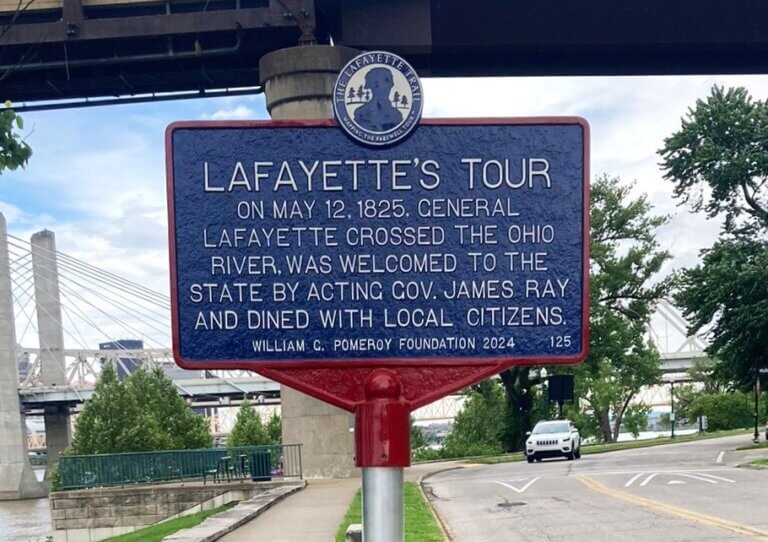 The Lafayette Trail historical marker, Jeffersonville, IN. Marker funded by the William G. Pomeroy Foundation.