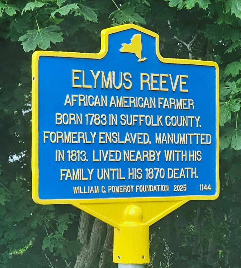 Pomeroy Foundation NYS historical marker for Elymus Reeve, Town of Southold, NY.