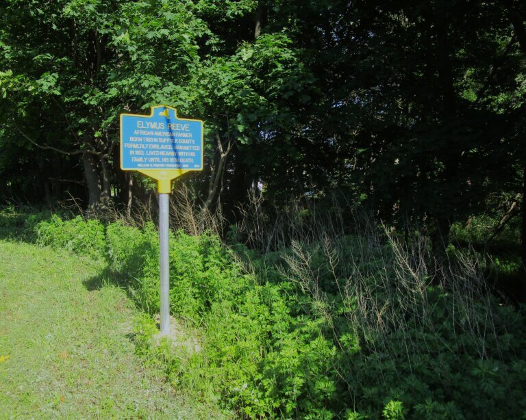 Pomeroy Foundation NYS historical marker for Elymus Reeve, Town of Southold, NY.