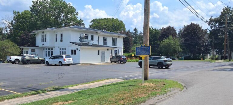 Pomeroy NYS marker for Elizur Webster, Warsaw, NY.