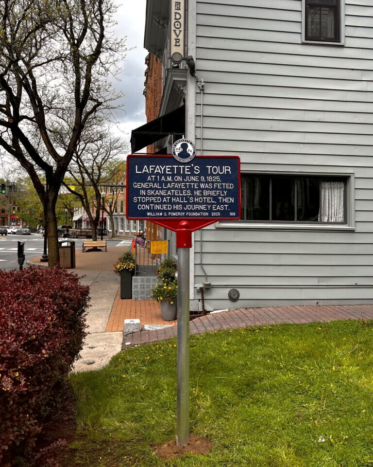 The Lafayette Trail historical marker, Skaneateles, NY. Marker funded by the William G. Pomeroy Foundation.