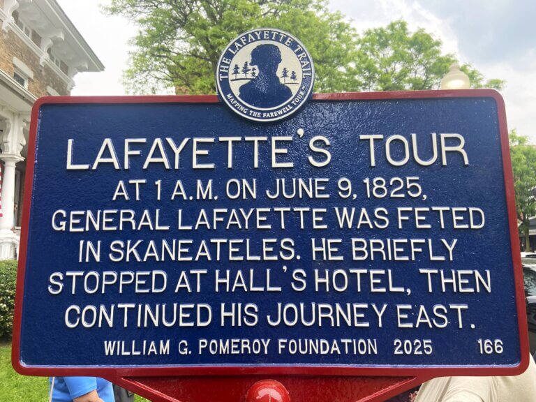 The Lafayette Trail historical marker, Skaneateles, NY. Marker funded by the William G. Pomeroy Foundation.