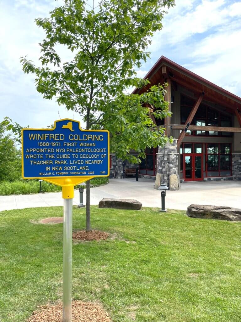 Pomeroy Foundation NYS historical marker for Winifred Goldring, Thacher State Park, NY.