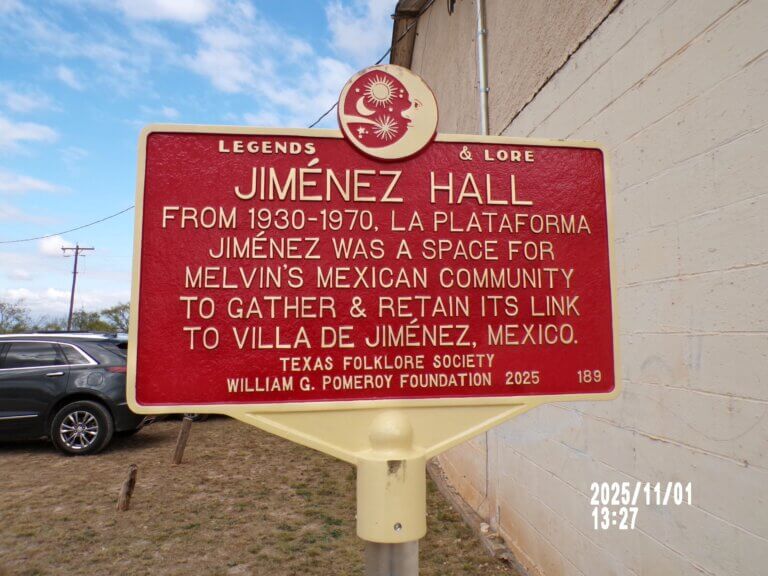 Legends & Lore marker for Jimenez Hall, Melvin, Texas.
