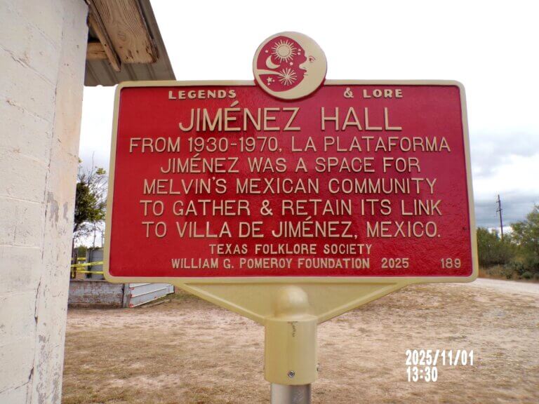 Legends & Lore marker for Jimenez Hall, Melvin, TX.