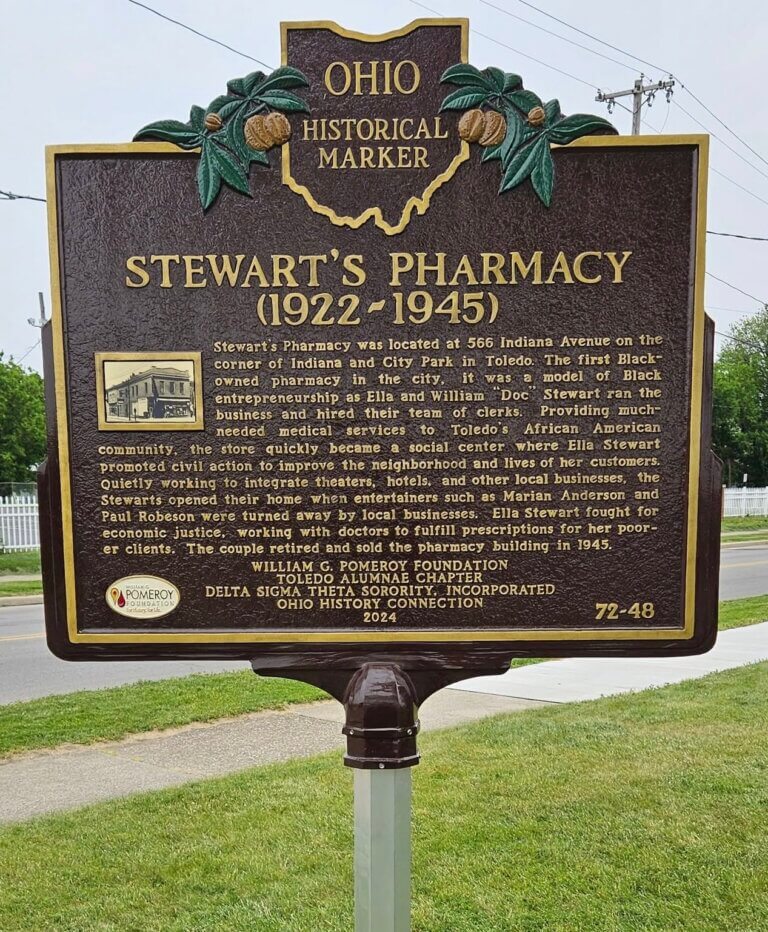 Ohio state historical marker for Ella P. Stewart and Stewart's Pharmacy, Toledo, Ohio. Marker funded by the William G. Pomeroy Foundation.