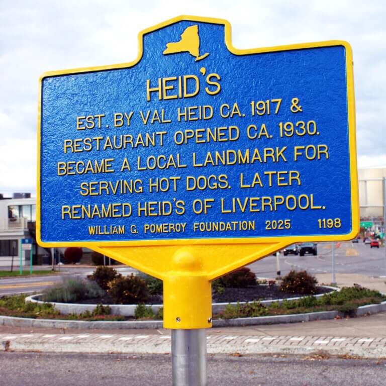 Pomeroy Foundation NYS historical marker for Heid's hot dogs, Liverpool, NY.