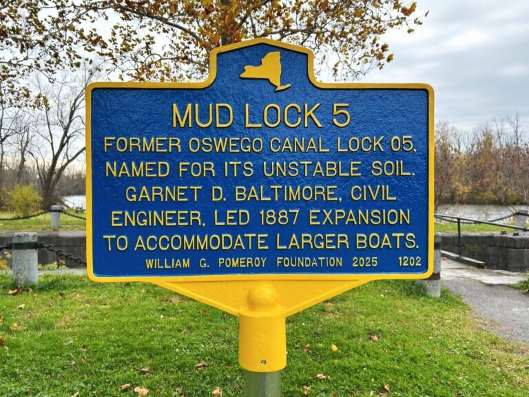 Pomeroy Foundation NYS historical marker for Mud Lock 5, Liverpool, NY.